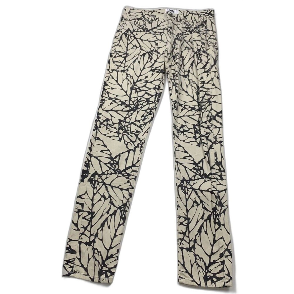 Paige Pants Womens 28 Beige Skyline Skinny Jeans Black Leaves Print